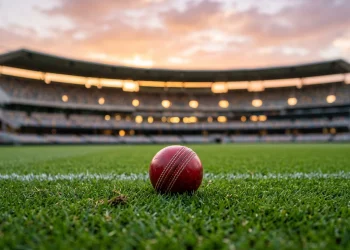 A red cricket ball on a grass field in a stadium.