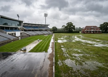 Conceptual view of a modern cricket stadium and a wet grass field.