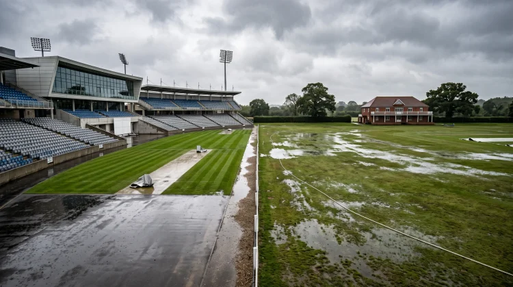 Conceptual view of a modern cricket stadium and a wet grass field.