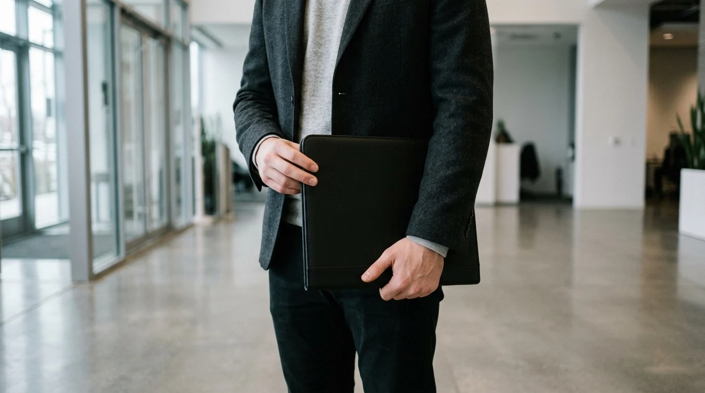 A job candidate holding a professional portfolio in an office.