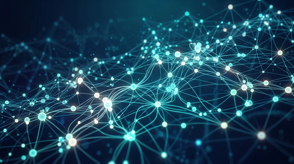 A conceptual digital network map showing interconnected nodes and pathways.