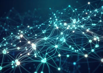 A conceptual digital network map showing interconnected nodes and pathways.