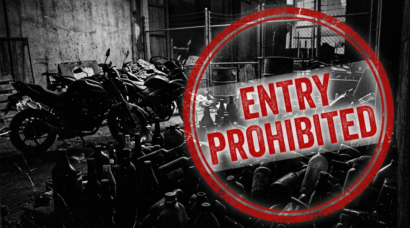 Silhouettes of spirits bottles and a motorcycle with a prohibition overlay.