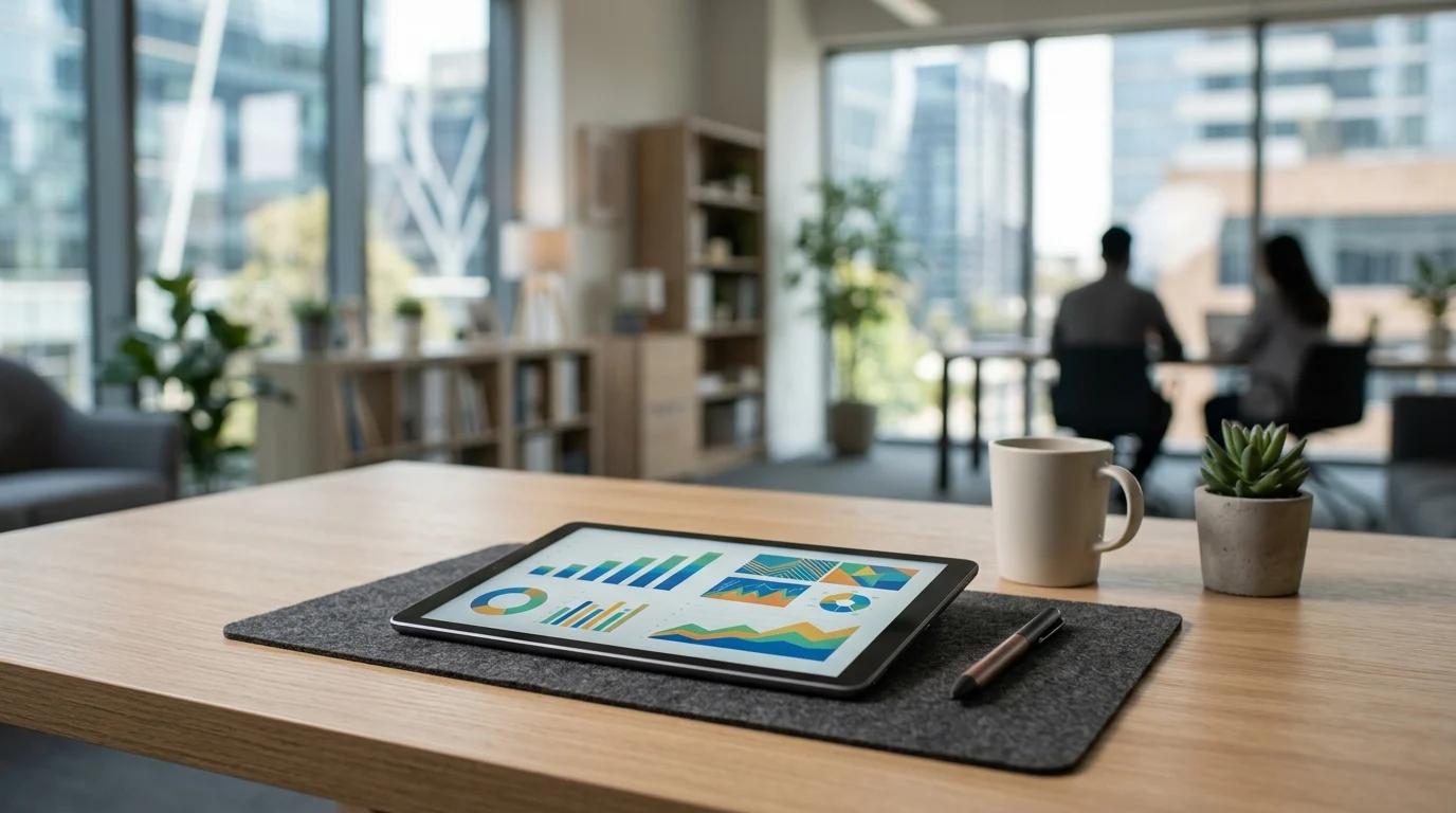 A tablet displaying abstract property market data on a desk.