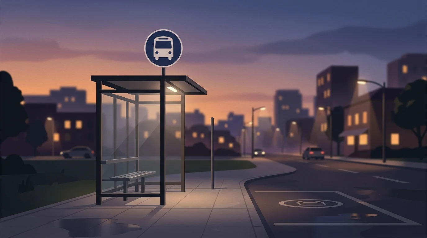 A generic bus stop sign against a blurred urban backdrop.