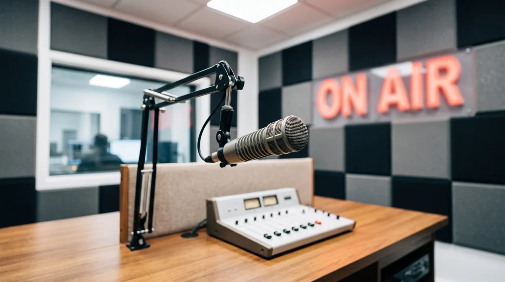 A professional radio studio microphone in a modern broadcasting booth.