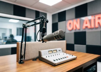 A professional radio studio microphone in a modern broadcasting booth.