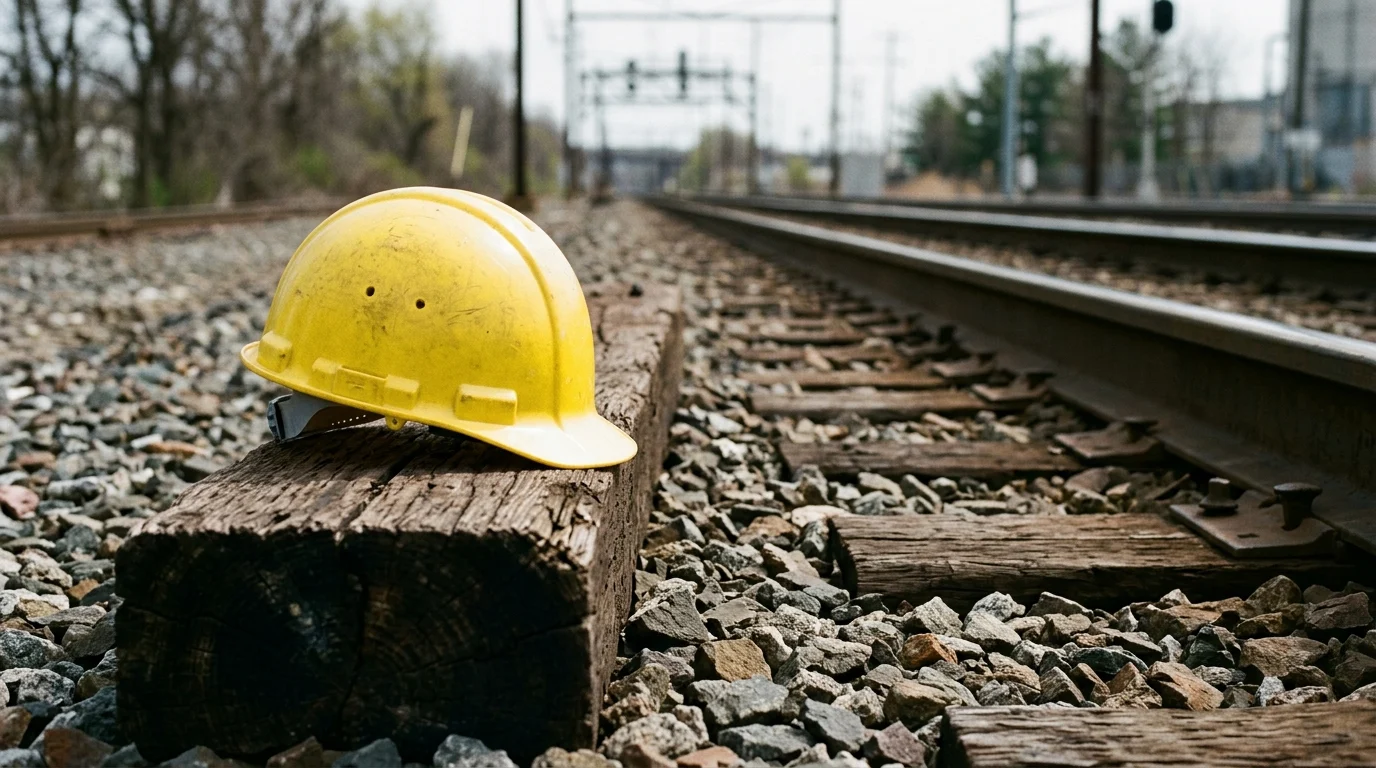A safety helmet resting on a railway sleeper.