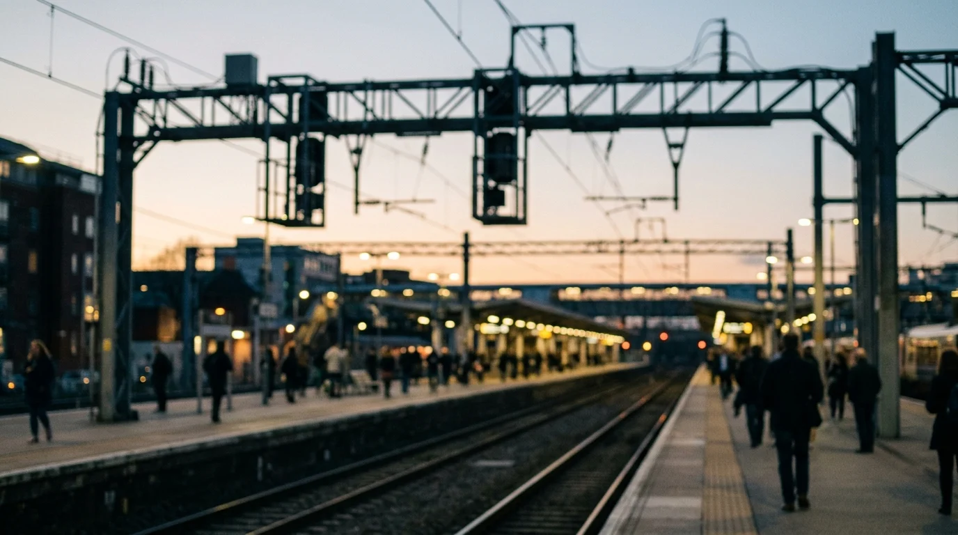 A blurred railway station platform and infrastructure
