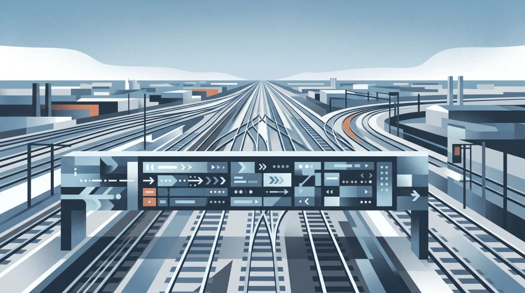 Conceptual illustration of railway tracks and a digital travel information display.