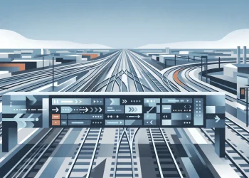 Conceptual illustration of railway tracks and a digital travel information display.