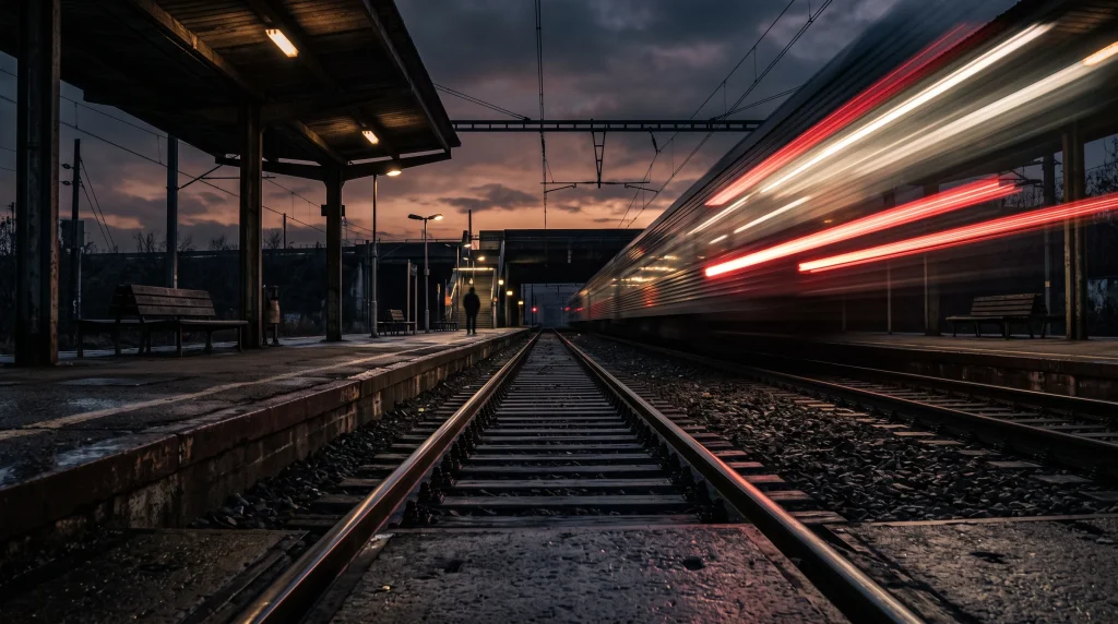 A quiet railway platform at night with blurred lights from a passing train.