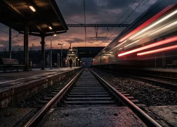A quiet railway platform at night with blurred lights from a passing train.