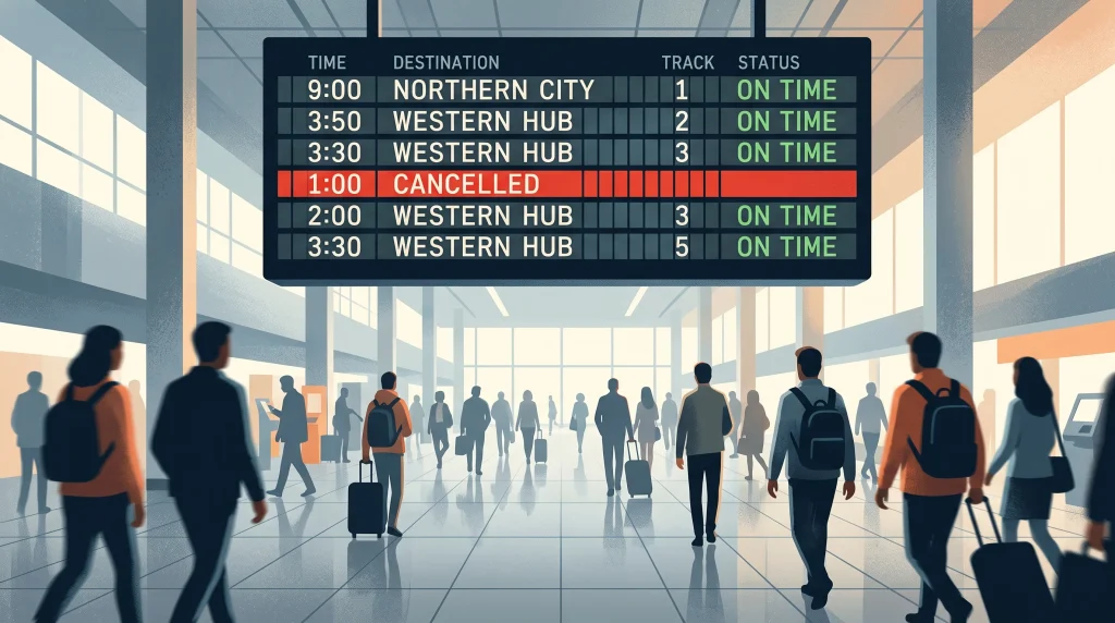 A railway station departure board showing a cancelled service and on-time trains.