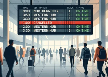 A railway station departure board showing a cancelled service and on-time trains.