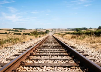 Railway tracks running through a dry rural landscape