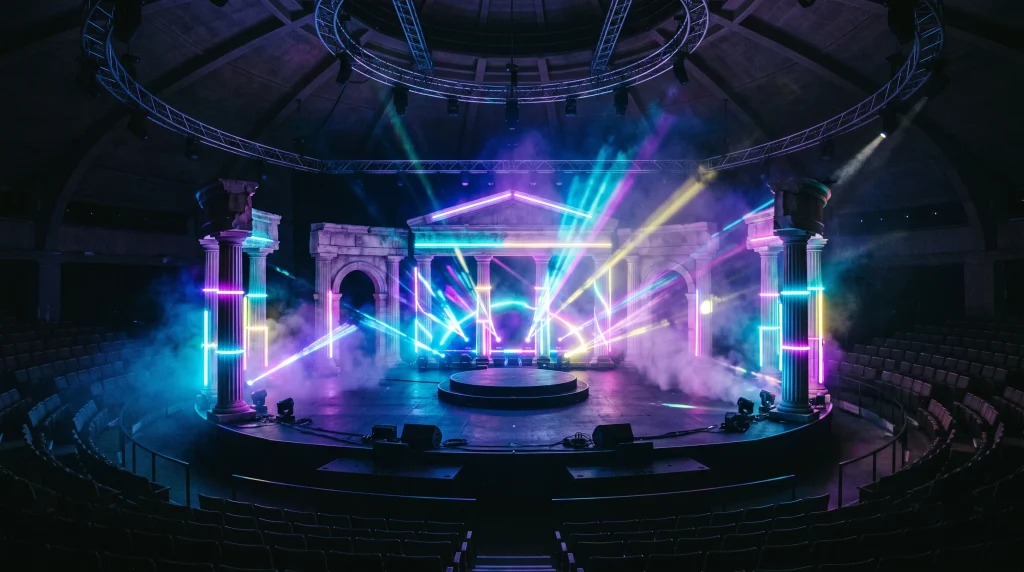 Conceptual image of a theatrical stage blending classical elements with 1990s rave lighting and neon colors.