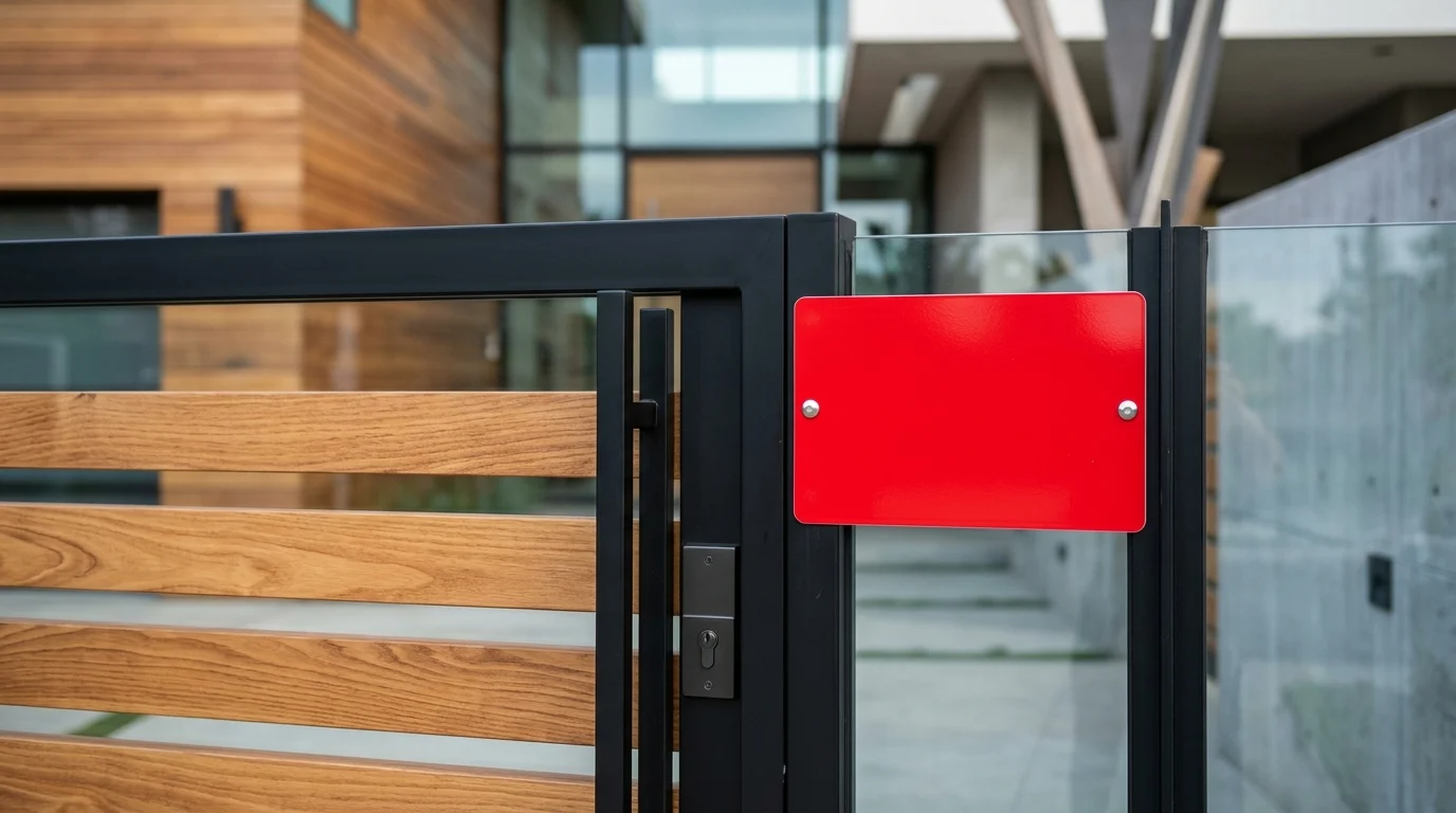 A red building safety tag on a modern residential gate.