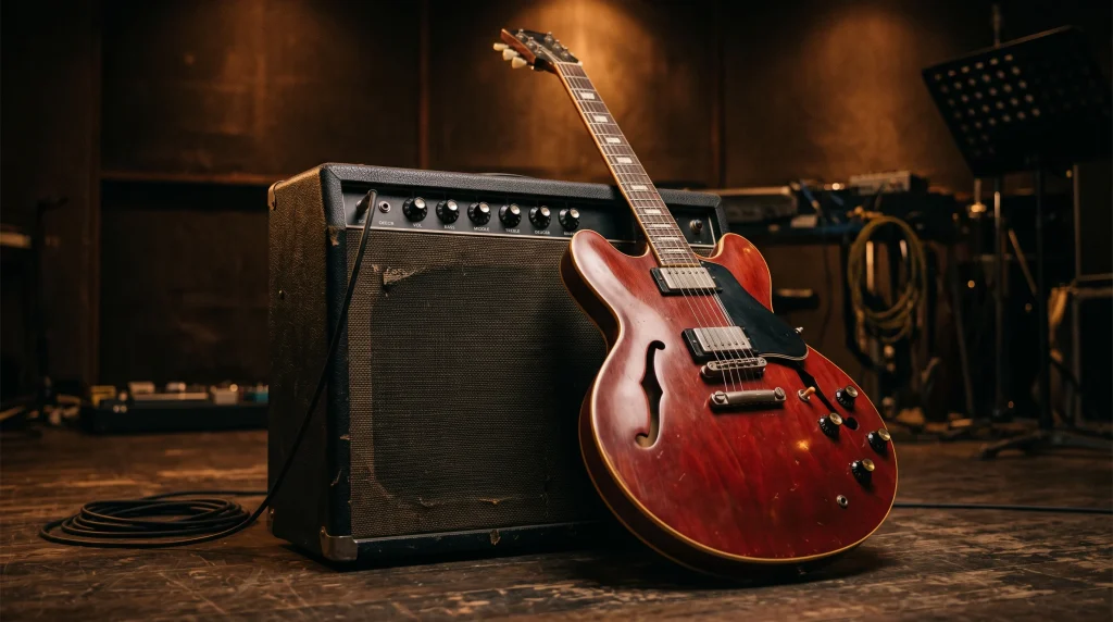 A vintage red electric guitar leaning against an amplifier in a studio.