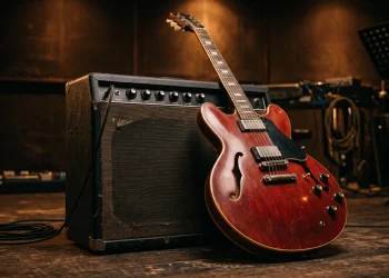 A vintage red electric guitar leaning against an amplifier in a studio.