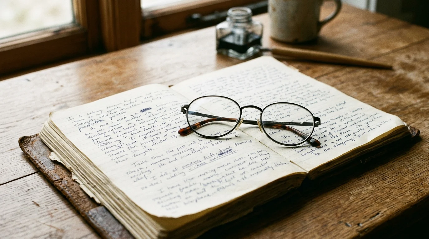 A journal and glasses on a table.