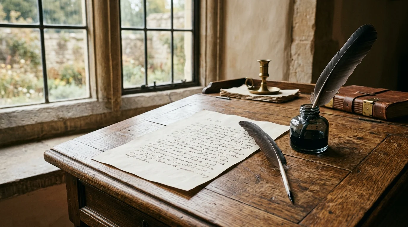 A vintage writing desk with a letter and quill pen.