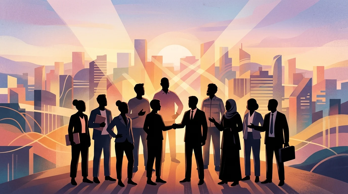 Conceptual illustration of community and business leaders collaborating.