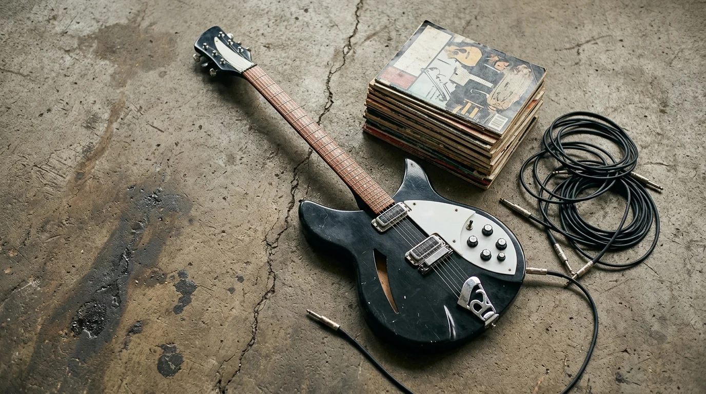 A black semi-acoustic guitar lying on a concrete floor as a photography prop.
