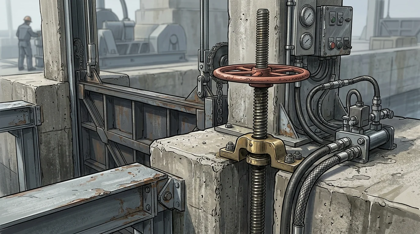 Conceptual close-up of industrial flood gate mechanics.