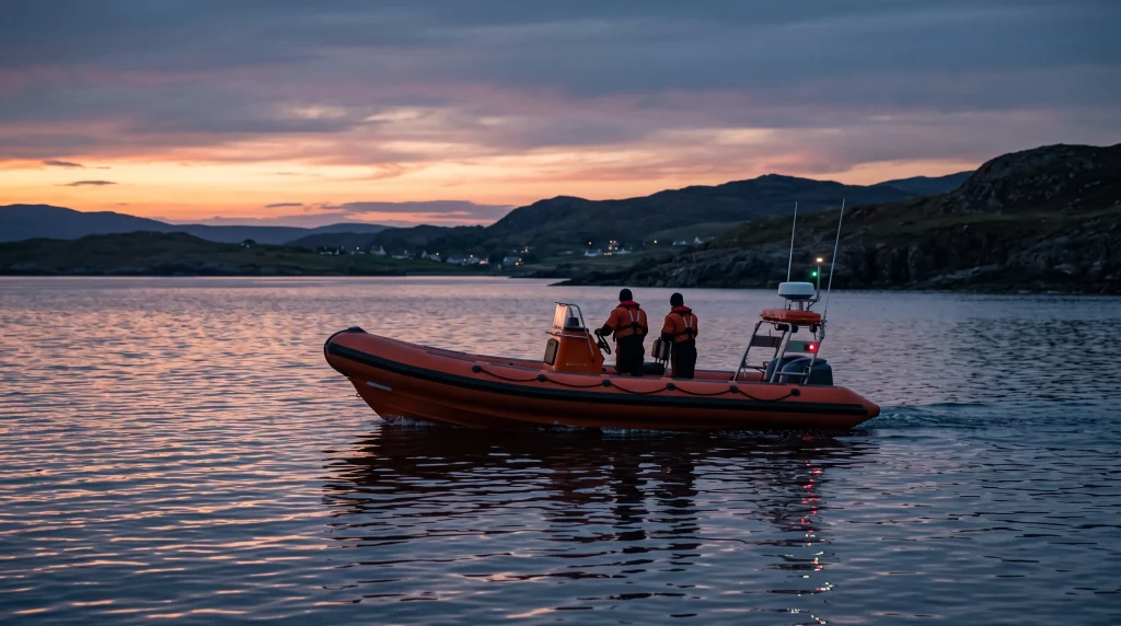A conceptual illustration of a coastal rescue lifeboat at sea.