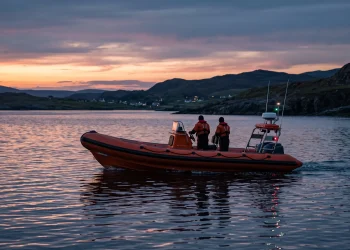 A conceptual illustration of a coastal rescue lifeboat at sea.