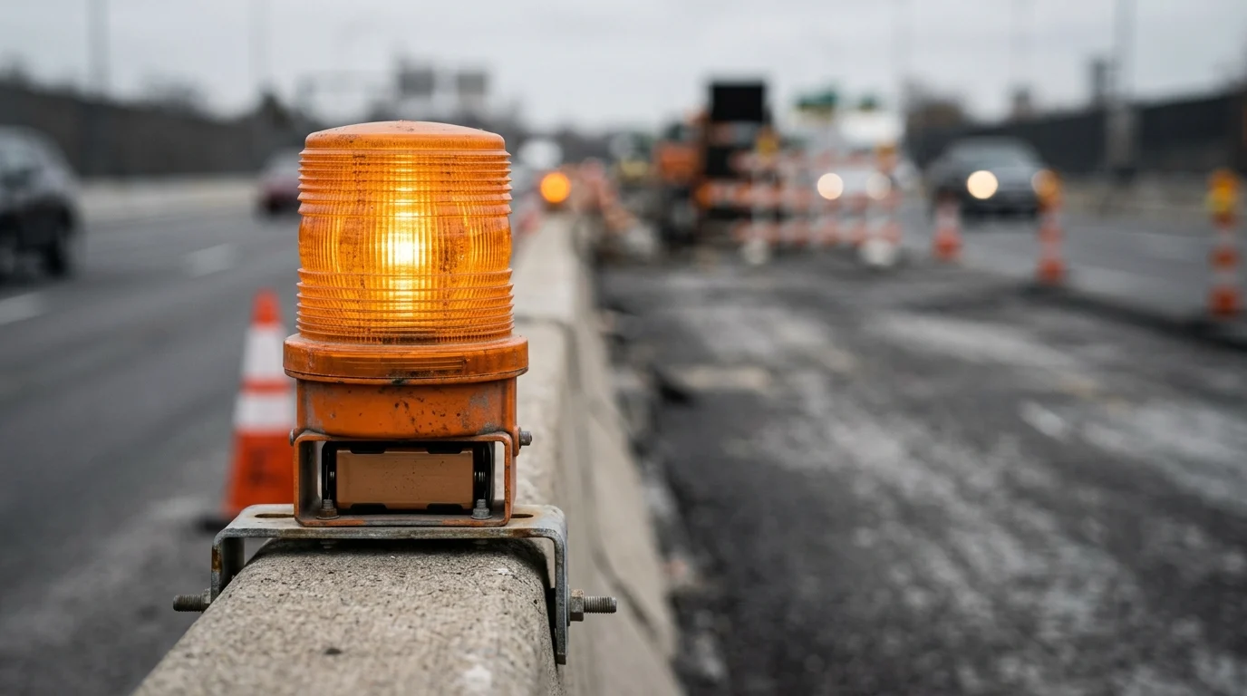 Close-up of a road maintenance hazard light.
