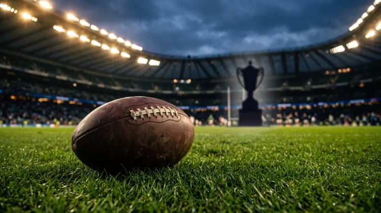 A rugby ball on a pitch with a championship trophy in the background.