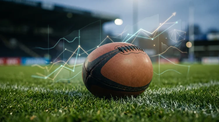 A rugby ball on a pitch with abstract data lines representing growth.