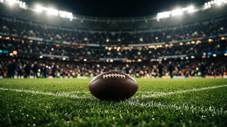 A rugby ball on a pitch under stadium lights.