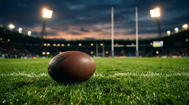 A rugby ball on a grass pitch under stadium lights.