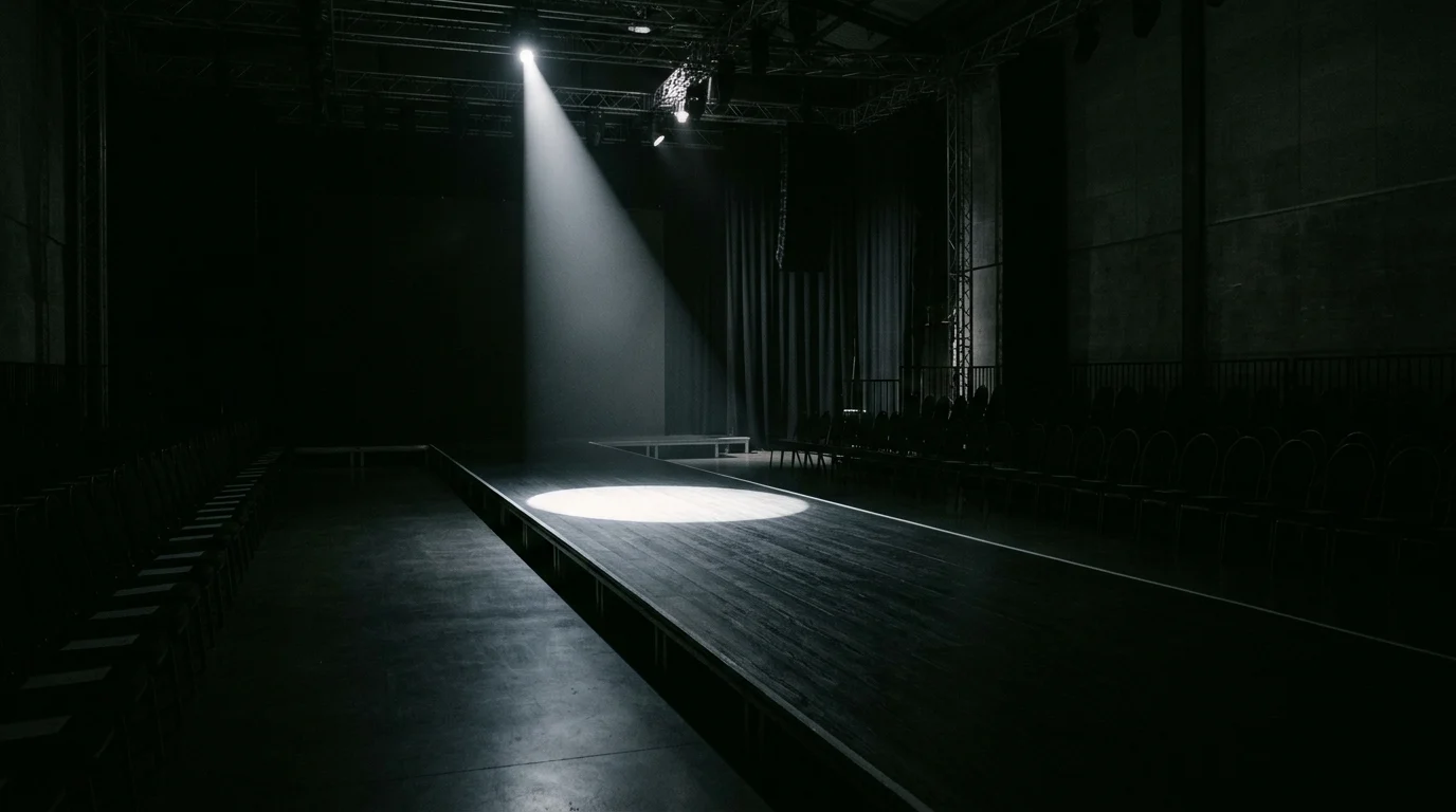 A spotlight on an empty fashion runway.