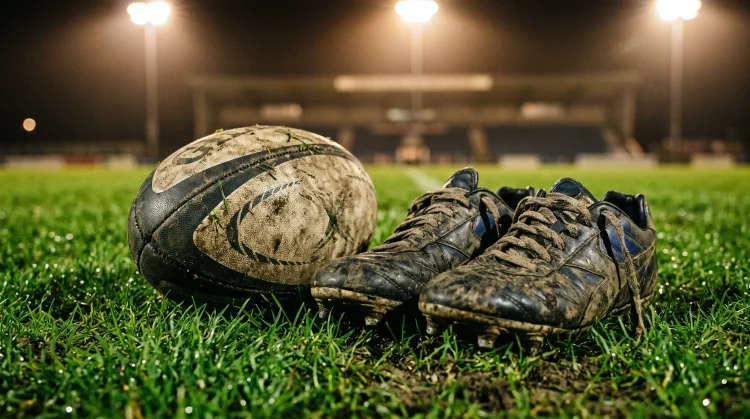 A rugby ball and boots on a grass field under bright stadium lighting.