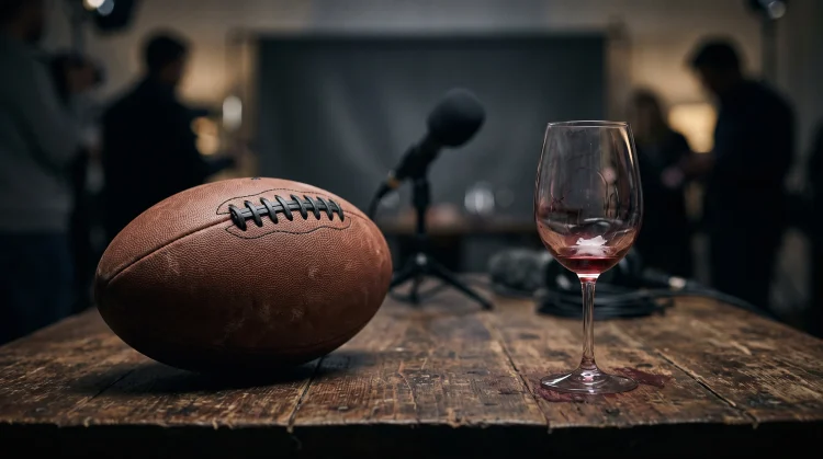 A rugby ball and a wine glass positioned next to a press microphone to symbolize the saga.