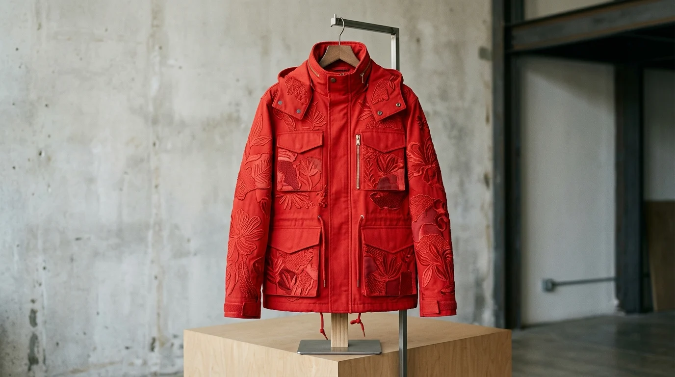 A scarlet red utility-style jacket with floral texture details.