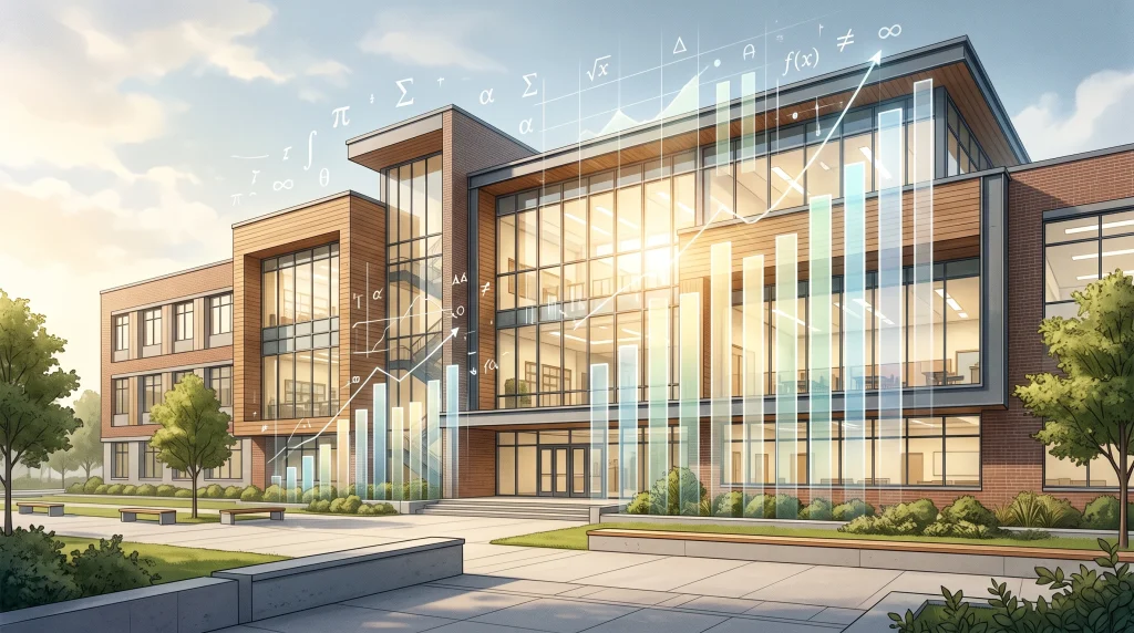A conceptual illustration of a school building with financial graphs overlaying the sky.