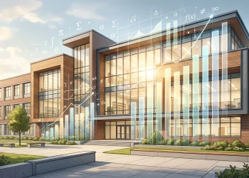 A conceptual illustration of a school building with financial graphs overlaying the sky.
