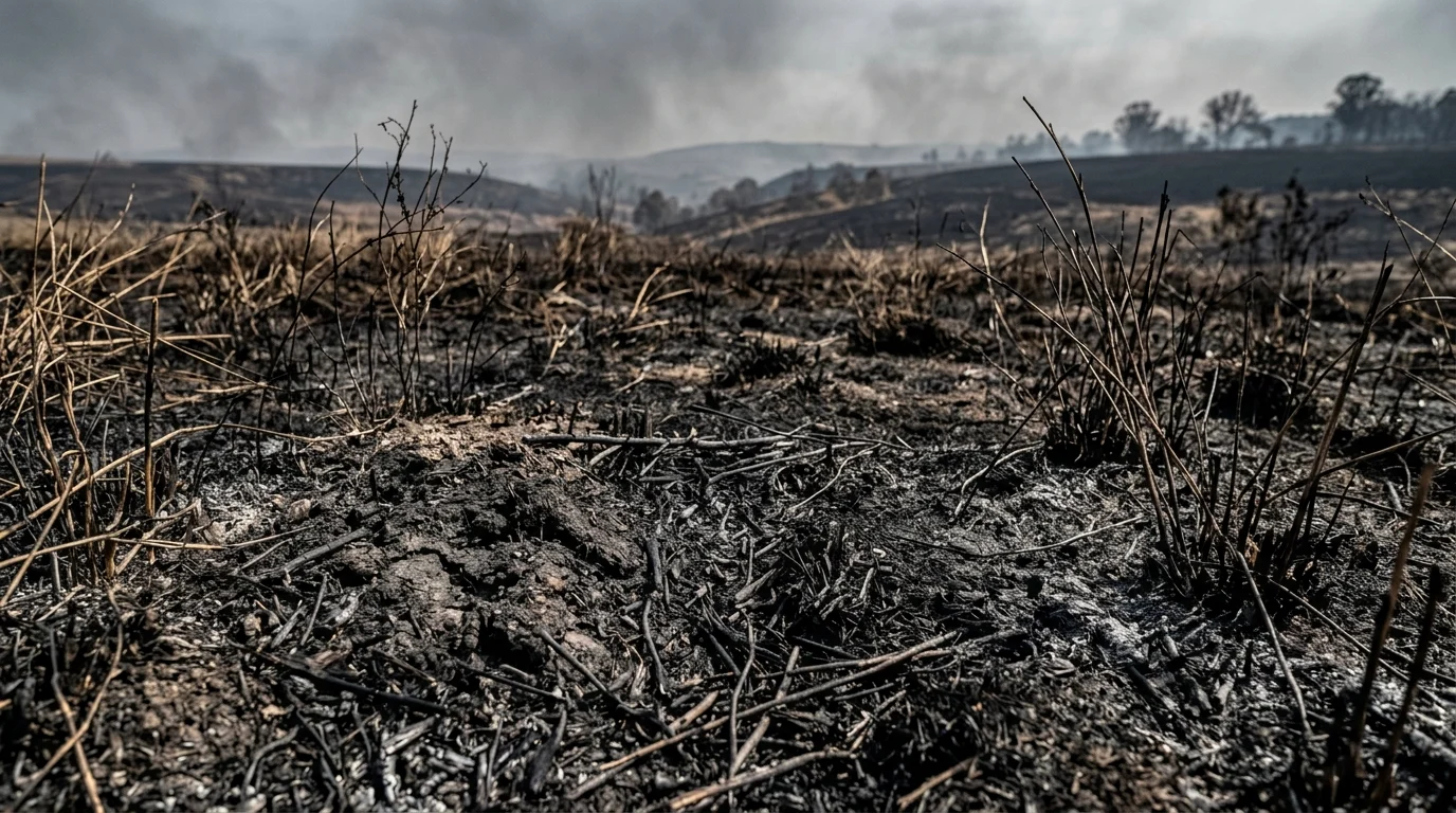 Scorched earth and burnt grass in a field.