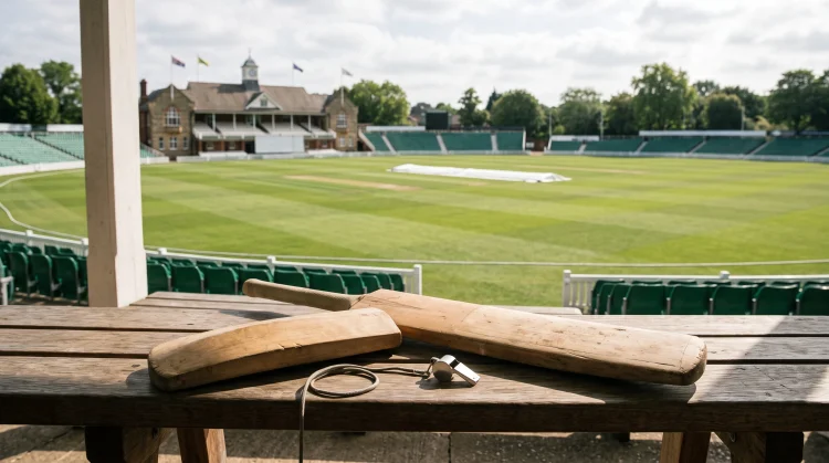 A cricket bat and coaching equipment resting on a bench overlooking a pitch.