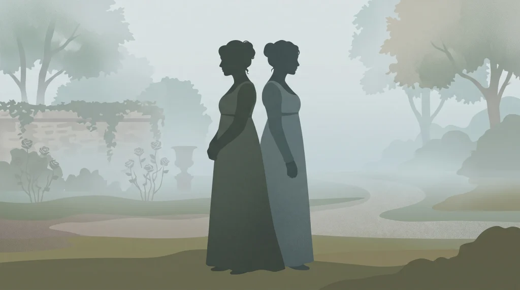 A conceptual illustration of two women in Regency-era clothing in a misty landscape.
