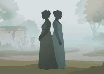 A conceptual illustration of two women in Regency-era clothing in a misty landscape.