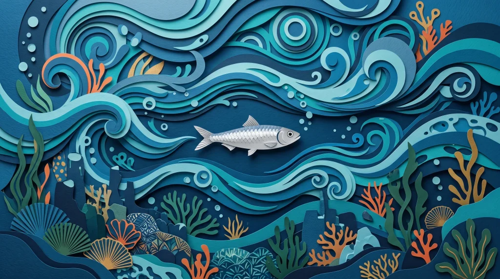 Conceptual illustration of a small fish in a blue ocean.