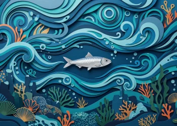 Conceptual illustration of a small fish in a blue ocean.