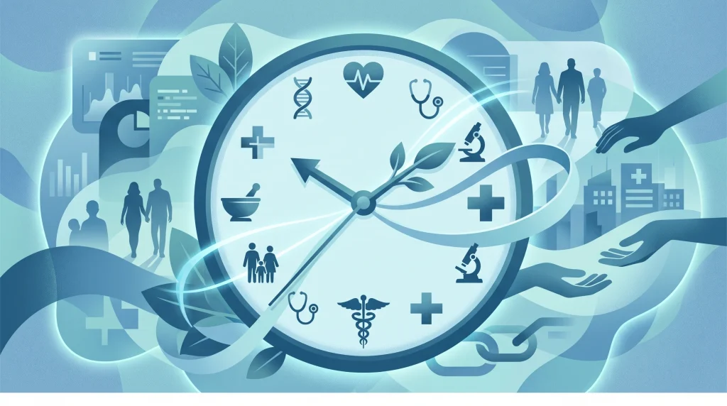A conceptual illustration of a clock and healthcare symbols representing long-term social care reform.