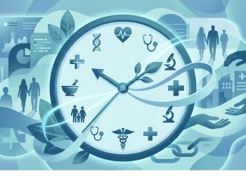 A conceptual illustration of a clock and healthcare symbols representing long-term social care reform.